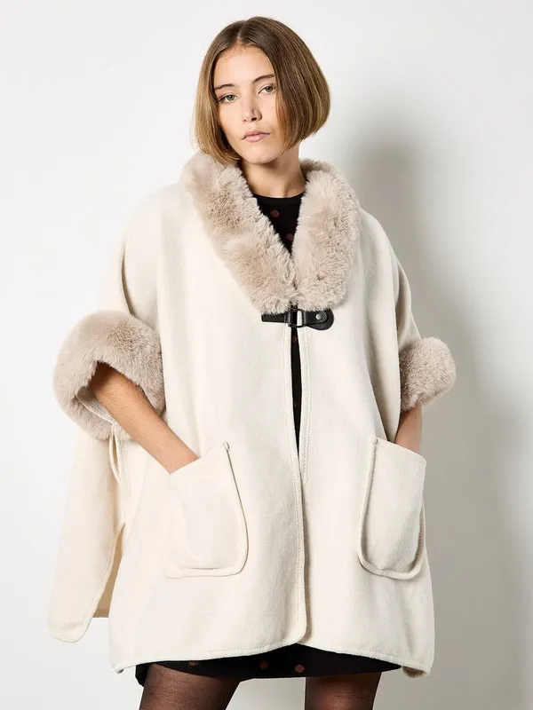 Apricot Women's Faux Fur Trim Cape in Cream - Cream