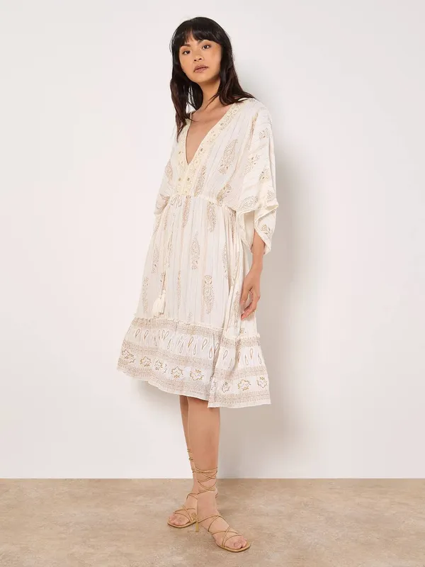 Apricot Women's Gold Foil Paisley Midi Dress in Cream Size: 12 Cream