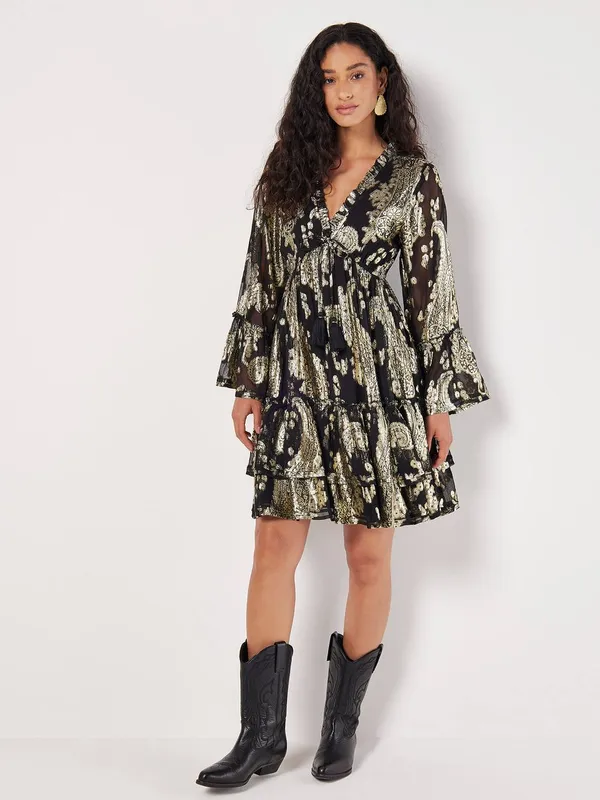 Apricot Women's Gold Foil Paisley Mini Dress in Black Size: 10 - Black