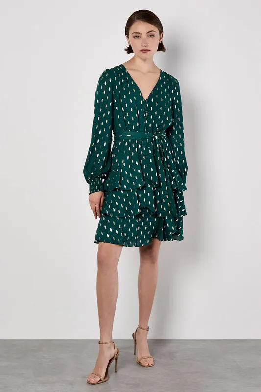 Apricot Women's Gold Foil Spot Tiered Mini Dress in Green Size: 12 - Green