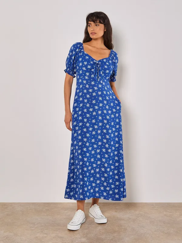 Apricot Women's Silhouette Floral Milkmaid Maxi Dress in Blue Size: 8 Blue 8