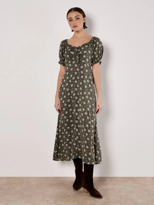 Apricot Women's Silhouette Floral Milkmaid Maxi Dress in Khaki Size: 8 - Khaki
