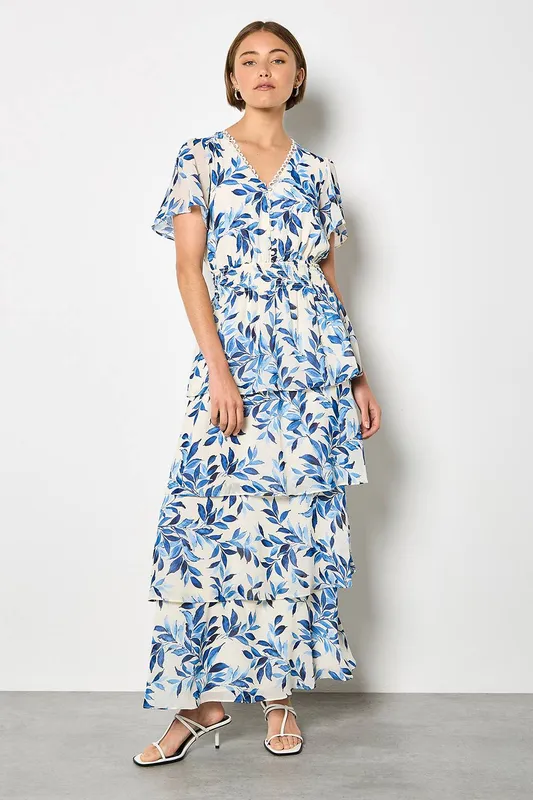 Apricot Women's Watercolour Leaves Chiffon Tiered Maxi Dress in Blue Size: 10 Blue 10
