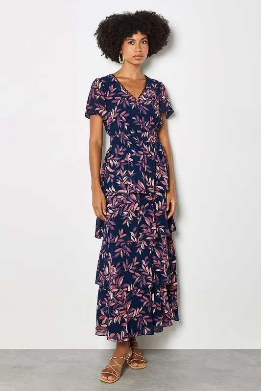 Apricot Women's Watercolour Leaves Chiffon Tiered Maxi Dress in Navy Size: 14 - Navy