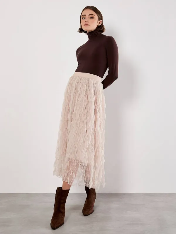 Apricot Women's Wavy Tulle Midi Skirt in Cream Size: 10 Cream 10