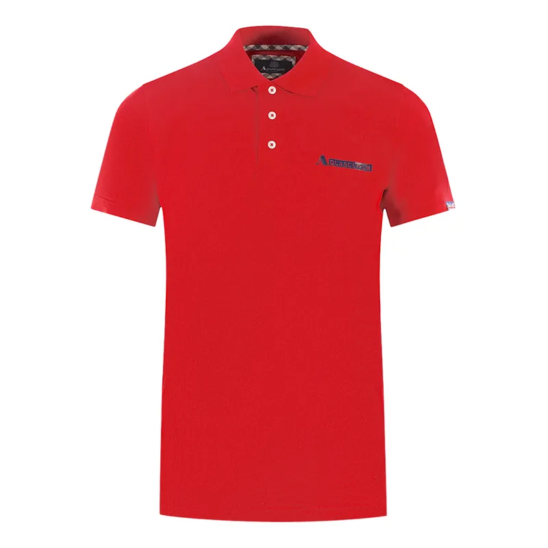Aquascutum Mens Boxed Logo Red Polo Shirt Cotton - Size Medium