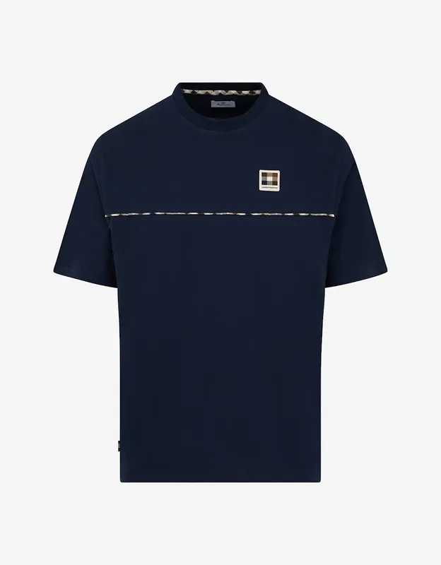 Men's Aquascutum Mens Club Check Piping T-Shirt - Navy 11 - Size: 38