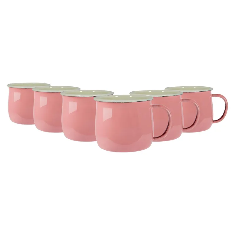 Argon Tableware 375ml Pastel Enamel Belly Mugs - Pack of Six - Pink
