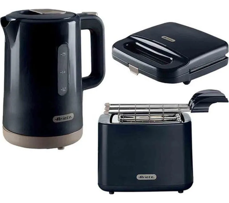 Ariete Breakfast ARPK46 Jug Kettle, 2-Slice Toaster & Sandwich Toaster Bundle - Dark Grey, Black,Silver/Grey