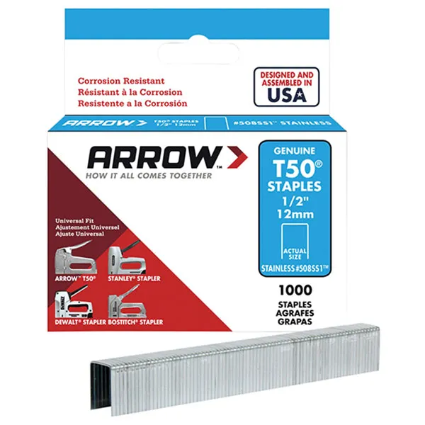 Arrow A505SS1 T50 Staples Stainless Steel 505SS 8mm ( 5/16in) Box 1000