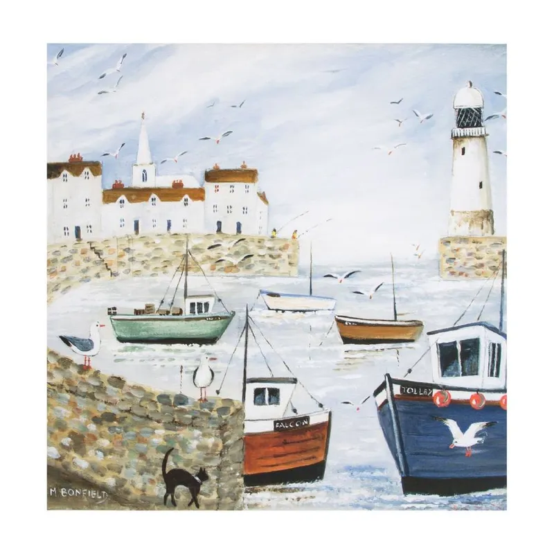 Art for the Home Harbourside Lighthouse Hand Painted Effect Printed Canvas in White - White