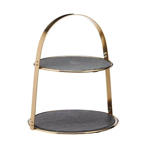 Artesa Brass & Slate 2-Tier Serving Stand for Cake, Cheese & Afternoon Tea, Party & Christmas Serveware in Black Black