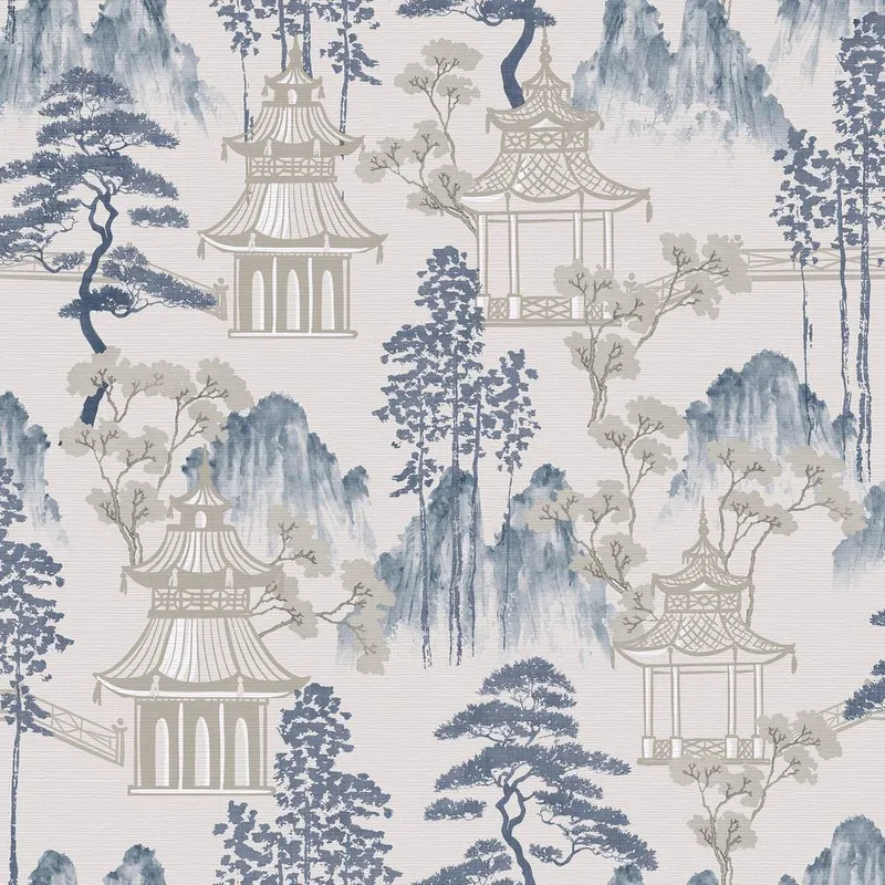 Arthouse - Japanese Pagoda Blue Grey Wallpaper Floral Oriental Feature Wall