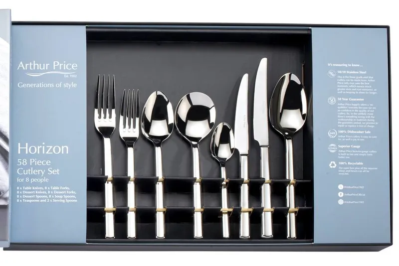 Arthur Price Unisex 'Horizon' Stainless Steel 58 Piece 8 Person Gift Boxed Cutlery Set in Silver Silver One Size female