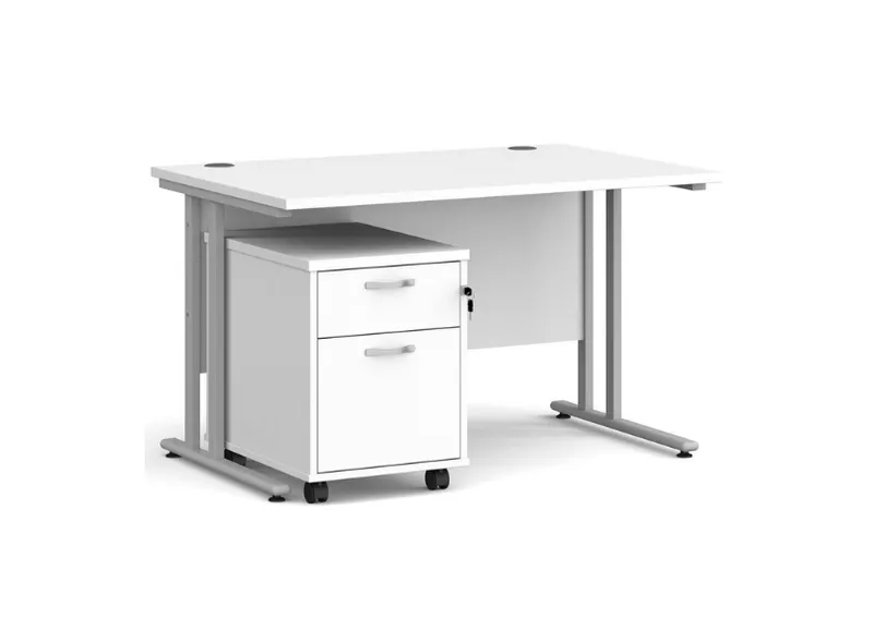 Unbranded 1200X800 Twin Rectangular Desk White-Silver + Mobile 2 Drawer Ped