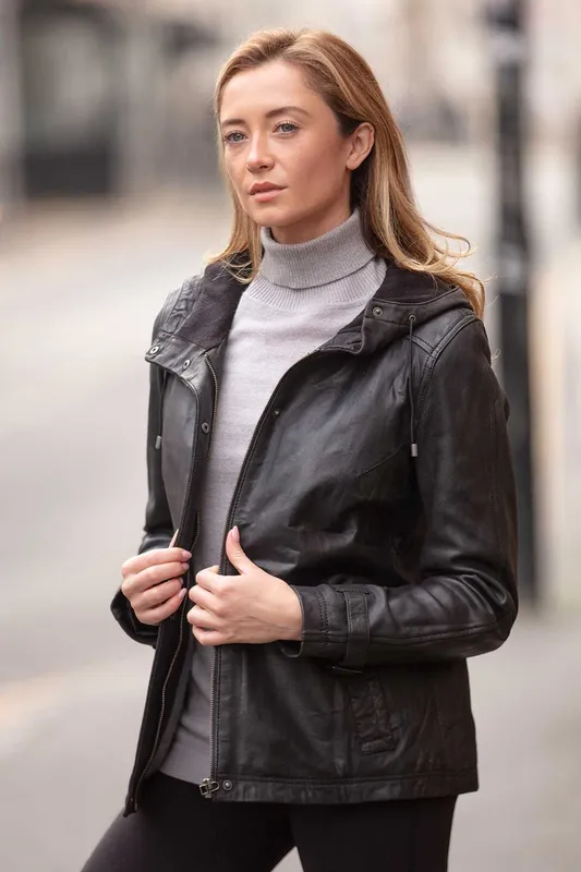 Ashwood Leather Women's 'Nicola' Real Leather Hooded Jacket Coat in Black Size: 14 - Black