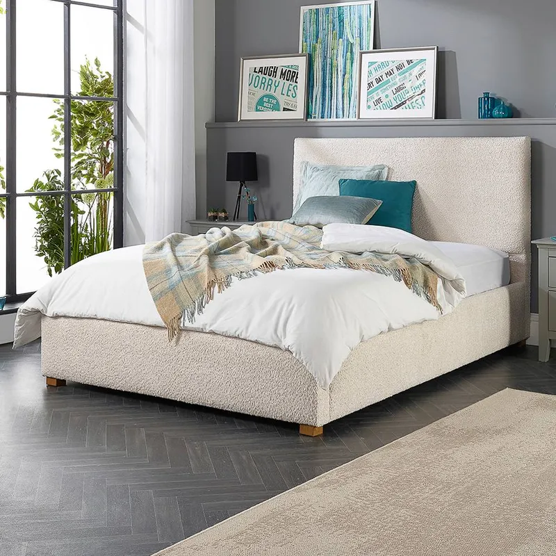 Aspire Bouclé Upholstered Garland Ottoman Bed Frame in Cream Size: Single Cream Single