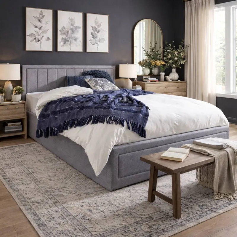 Aspire Unisex Camden Grey Linen Ottoman Storage Bed Quilted End Lift Size: King Grey female