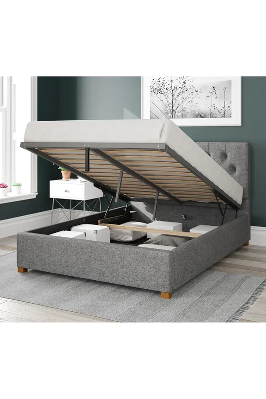 Aspire Olivier Upholstered Ottoman Storage Bed, Saxon Twill Fabric in Grey Size: King Grey King