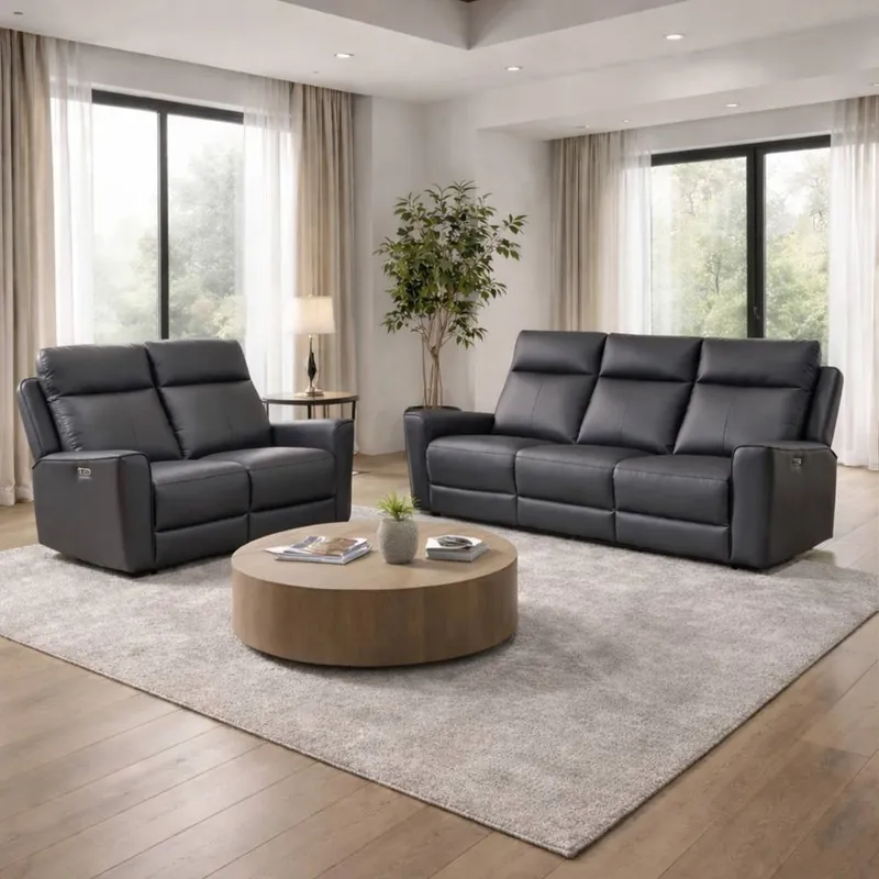Aspire Rivington Real Leather Power Recliner 3+2 Sofa Set with USB Charging in Charcoal Charcoal