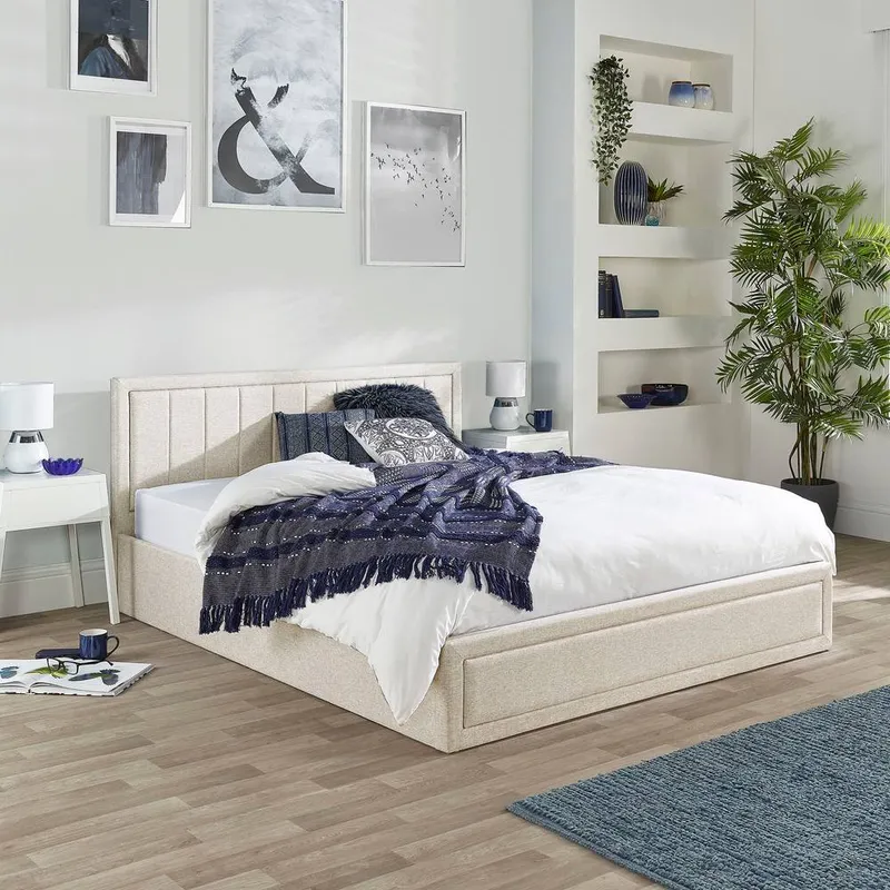 Aspire Castleton Linen Quilted Headboard Ottoman Bed in Natural Size: Single - Natural
