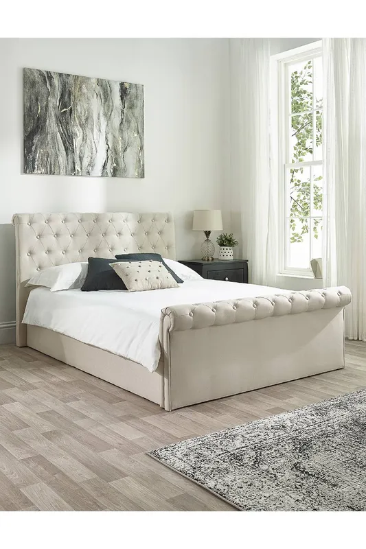 Aspire Chesterfield Ottoman Storage Bed in Natural Linen Size: Double - Natural - Size: Double