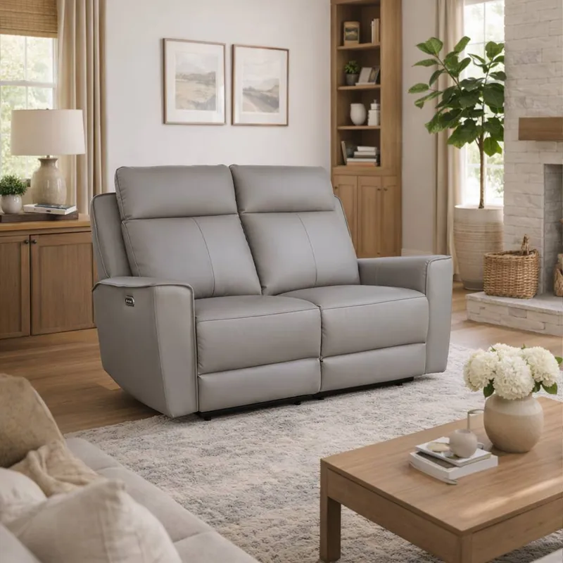 Aspire Unisex Rivington Real Leather Power Recliner 2 Seater Sofa w/ USB Charging in Grey Grey One Size female