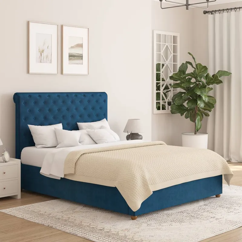 Aspire Unisex Taylor Ottoman Storage Bed Frame in Plush Velvet Fabric in Navy Size: King Navy King female
