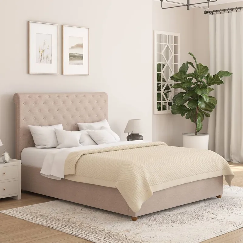 Aspire Unisex Taylor Ottoman Storage Bed Frame in Saxon Twill Fabric in Natural Size: King Natural female