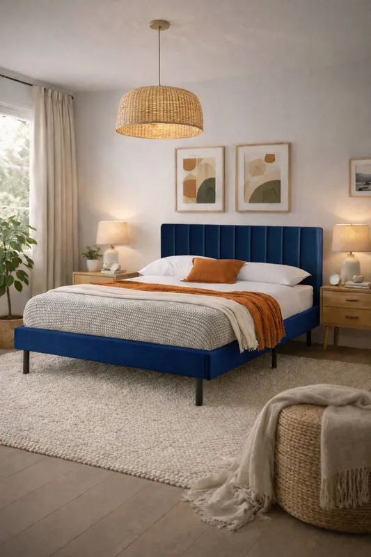 Aspire Verona Velvet Bed Frame Padded Headboard Pink Navy Cream in Blue Size: Double - Blue