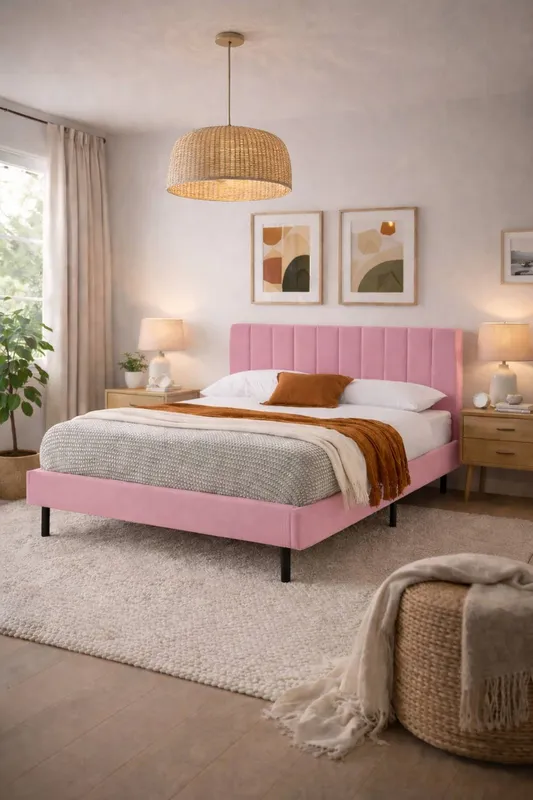 Aspire Verona Velvet Bed Frame Padded Headboard Pink Navy Cream Size: Double Pink Double