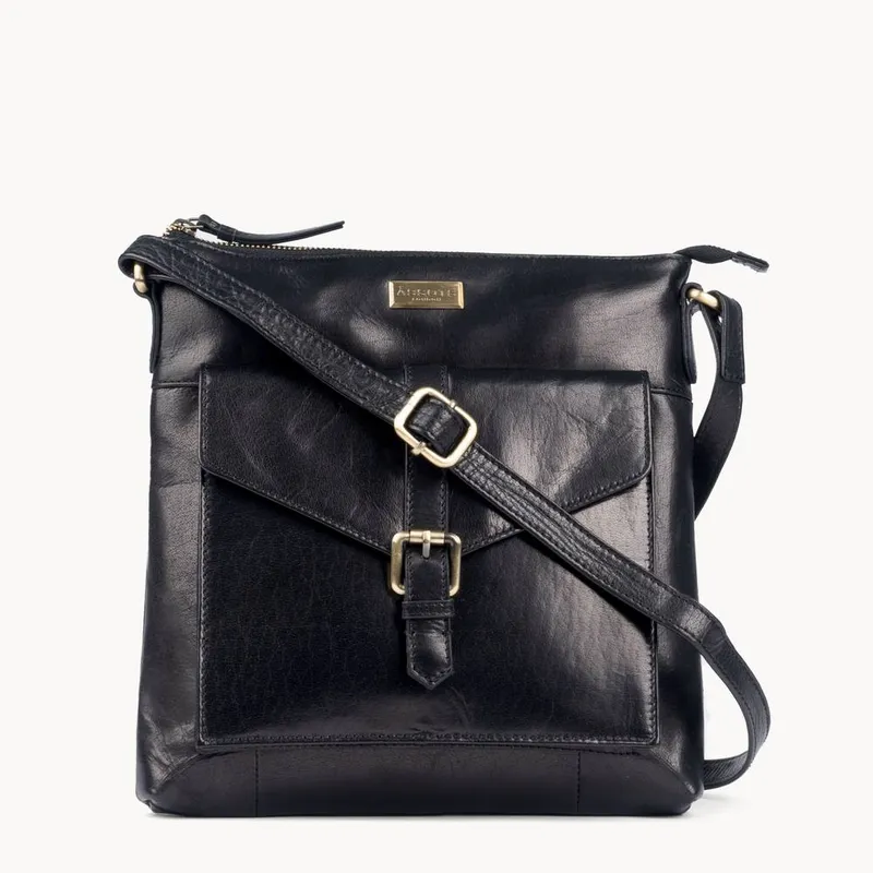 Assots London Women's 'Hoxton' Vintage Real Leather Crossbody Sling Bag in Black Black One Size