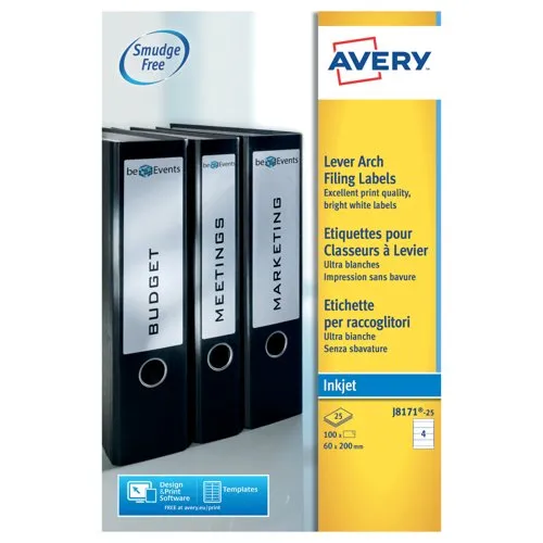 Avery J8171 Inkjet Lever Arch Filing Labels 200x60mm