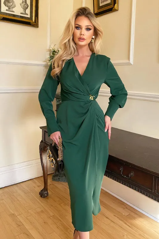 AX Paris Women's Teal Wrap Gold Buckle Midi Dress Size: 8 - Teal