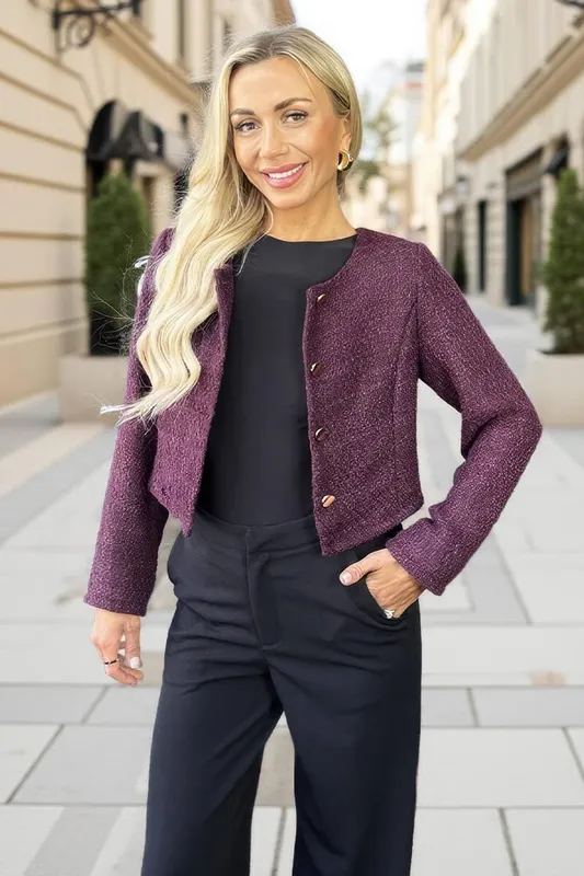 AX Paris Women's Wine Tweed Button Front Jacket Size: 12 - Wine - Size: 12