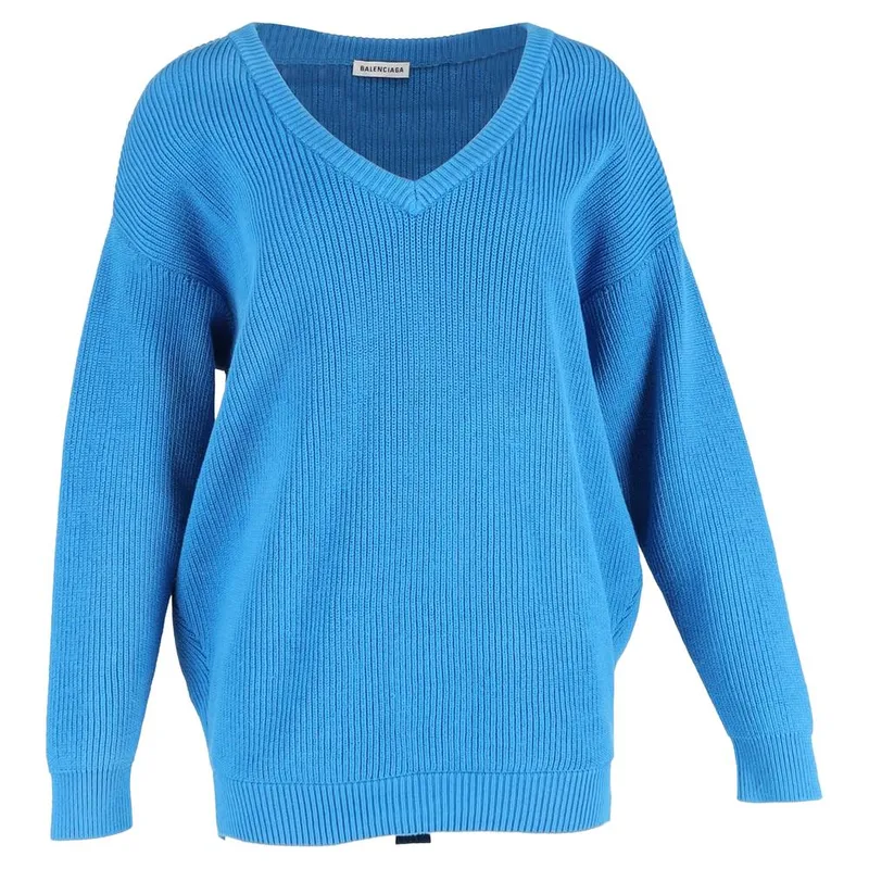 Balenciaga Women's Preloved V-neck Sweater in Blue Cotton Size: 34 - Blue