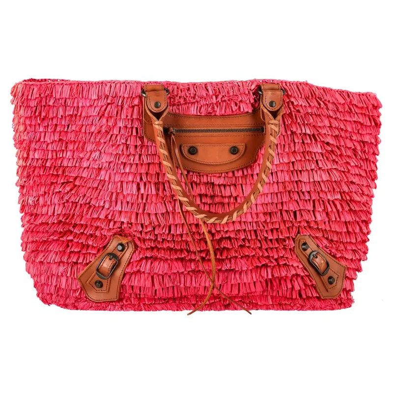 Balenciaga Women's Preloved Woven Panier Basket Bag in Pink Raffia in Rose - Rose