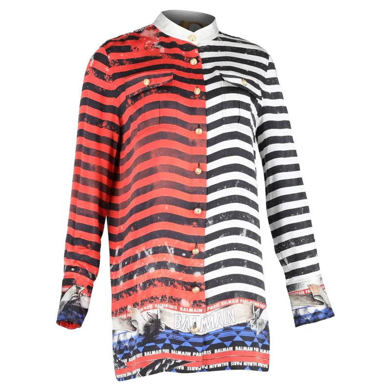 Balmain Women's Preloved Striped Shirt in Red Silk Size: 32 - Red