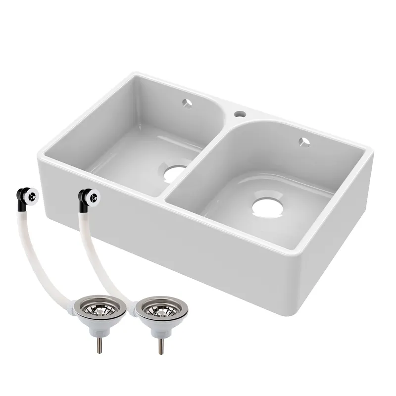 Balterley 2 Bowl Fireclay Butler Sink Full Wastes Weir795x500x220mm in White White