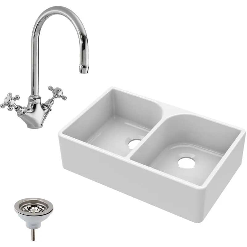 Balterley - 795mm - Fireclay Double Bowl Full Weir Butler Kitchen Sink - Mono Mixer Tap & Waste