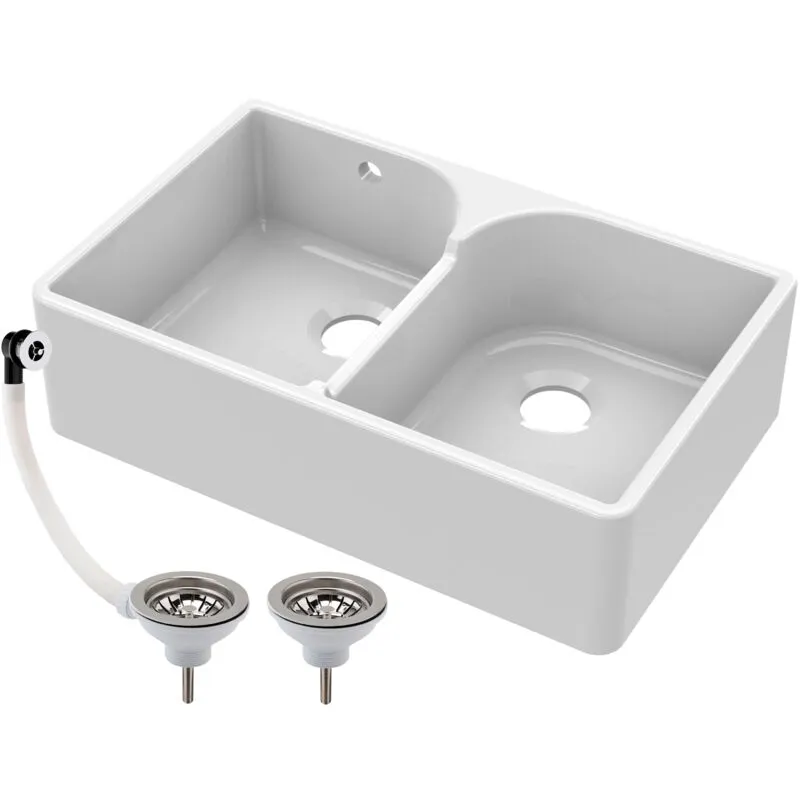Balterley - 795mmDouble Bowl Fireclay Butler Kitchen Sink - Stepped Weir & Wastes