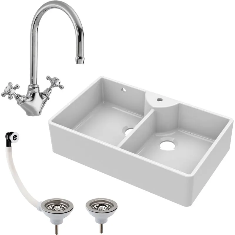 Balterley - 895mm - Double Bowl Fireclay Butler Kitchen Sink - Overflow, Mixer Tap & Waste