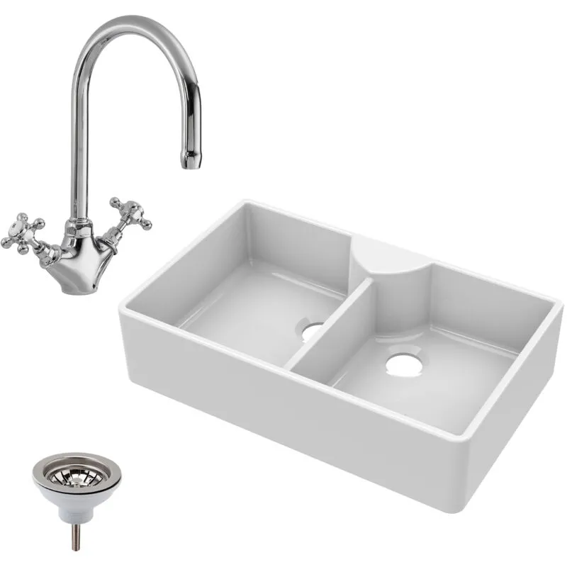 Balterley - 895mm - Double Bowl Fireclay Butler Kitchen Sink - Stepped Weir, Mixer Tap & Wastes
