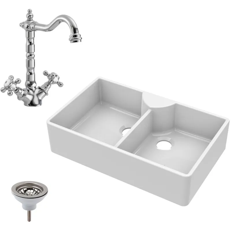 Balterley - 895mm - Two Bowl Fireclay Butler Kitchen Sink - Stepped Weir, Classic Tap & Wastes