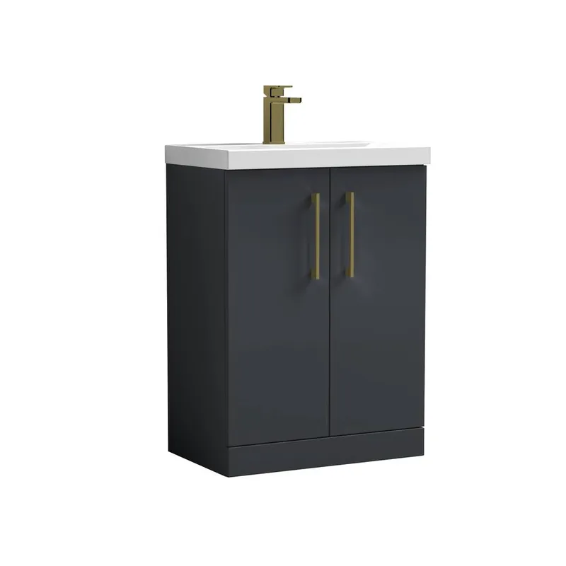 Balterley Bathroom 2 Soft Close Door Floor Vanity, Ceramic Basin, Grey, 600mm in Grey Grey