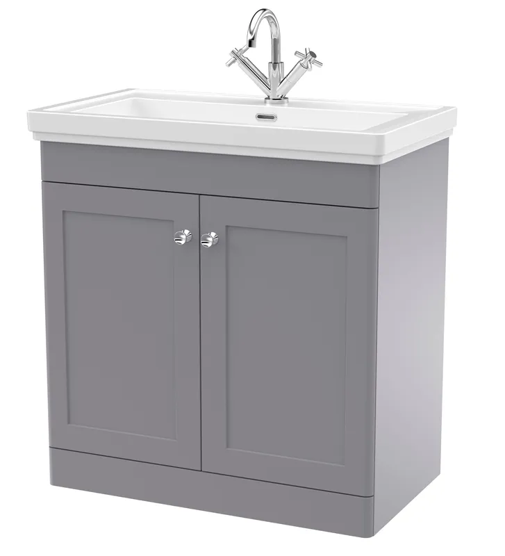 Balterley Bathroom Floor 2-Door Vanity Unit & Fireclay Basin, Satin Grey, 800mm in Grey Grey