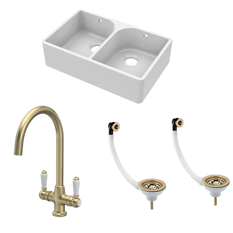 Balterley Double Bowl Fireclay Kitchen Sink Tap Wastes Brushed Brass 795mm in White White