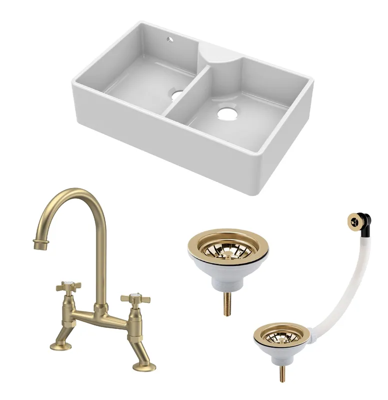 Balterley Double Bowl Fireclay Kitchen Sink Tap Wastes Brushed Brass 895mm in White White