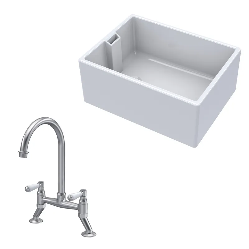 Balterley Fireclay 1 Bowl Belfast Sink Mixer Tap Brushed Nickel 615mm in White White
