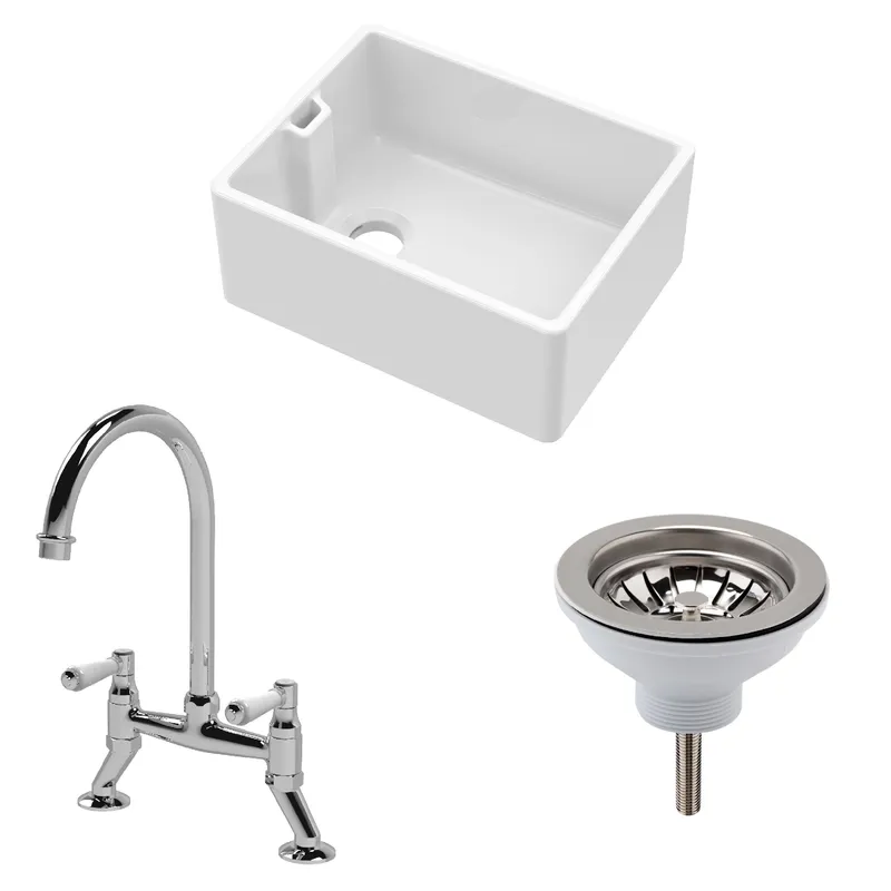 Balterley Fireclay 1 Bowl Belfast Sink Strainer Waste Mixer Tap 595mm in White White